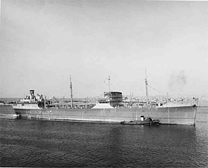 USNS Mission San Gabriel (T-AO-124) underway in the harbor at Long Beach, California, date unknown