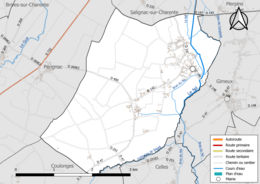 Carte en couleur présentant le réseau hydrographique de la commune