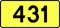 English: Sign of DW 431 with oficial font Drogowskaz and adequate dimensions.