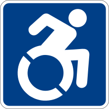 White line figure of a person leaning forward, arm raised to propel a wheelchair on blue background