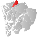 Mapa do condado de Hordaland com Modalen em destaque.