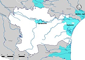 Territoires à risques importants d'inondation (TRI) dans l'Aude : Carcassonne et Narbonne.