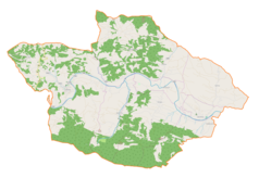 Mapa konturowa gminy Laskowa, u góry znajduje się punkt z opisem „Cmentarz wojenny nr 357Kamionka Mała”