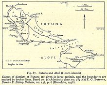 Carte du fond jaune, avec des lignes noires dessinant les îles de Futuna et d'Alofi