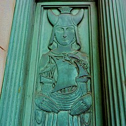 Detail from a decorative metal panel Martins Building. Image shown courtesy Reg Towner RIBA.