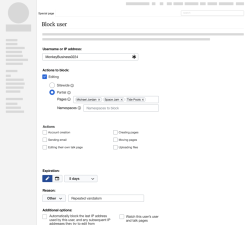 Using checkboxes for blocking individual actions