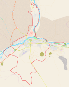 Mapa konturowa Kyzyła, blisko centrum na lewo znajduje się punkt z opisem „Kyzył”