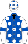 Royal blue, white spots, white sleeves, royal blue armlets and spots on white cap