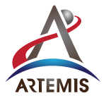 An arrowhead combined with a depiction of a trans-lunar injection trajectory forms an "A", with an "Artemis" wordmark printed underneath