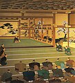 場所は二の丸御殿黒書院、奥の人物は徳川慶喜（頓田丹陵筆『大政奉還』（聖徳記念絵画館蔵))