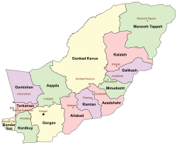 Location of Kordkuy County in Golestan province (bottom left, green)