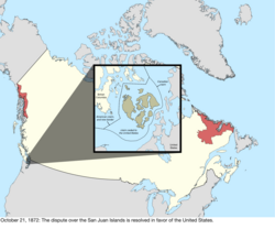 Map of the change to the international disputes involving Canada on October 21, 1872