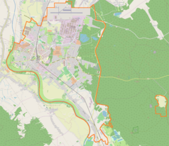 Mapa konturowa Mielca, w centrum znajduje się punkt z opisem „Parafia Trójcy Przenajświętszej”