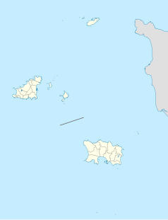 Mapa konturowa Wysp Normandzkich, po lewej znajduje się punkt z opisem „St Peter’s”