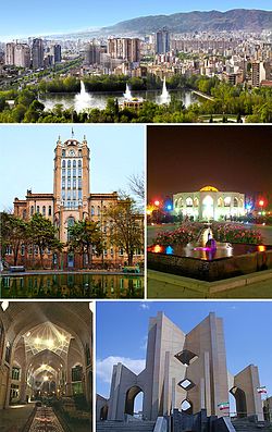 Top:Maqbaratol Shoara Tomb, Middle left:Saat Tower, Middle right:Statue of Bagher Khan in Tabriz Constitution House, Bottom:View of Shah-goli Park and Dadgostari area