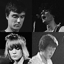 A collage of the four members of Talking Heads (from top to bottom, left to right: David Byrne, Jerry Harrison, Tina Weymouth, and Chris Frantz) in the 1970s.