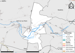 Carte en couleur présentant le réseau hydrographique de la commune