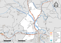 Carte en couleur présentant le réseau hydrographique de la commune