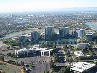 Oracle offices in Redwood Shores, with Oracle Plaza building in left foreground