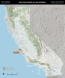 A map of wildfires in California in 2016, using Cal Fire data