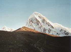 Vue du Kala Patthar, sommet modeste en terre/herbe (au premier plan), avec le Pumori au centre (deuxième plan).