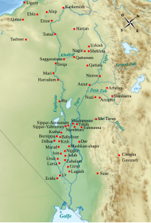 Carte de la Mésopotamie représentant les cours d'eau, le relief et la localisation de plusieurs sites archéologiques.