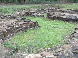 A contemporary photograph showing the low stone walls which mark the layout of the priory's south chapels.