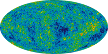 carte de nuances du rayonnement de fond cosmologique montrant les variations selon une échelle du bleu vers le rouge.