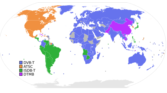 Digital terrestrial television broadcasting systems. Countries using ATSC are shown in orange.