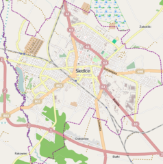 Mapa konturowa Siedlec, w centrum znajduje się punkt z opisem „Kościół garnizonowy pw. Najświętszego Serca Pana Jezusa w Siedlcach”