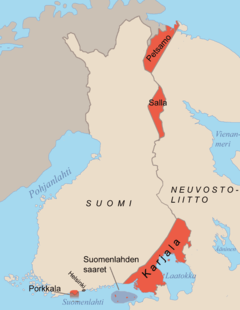 Jatkosodan jälkeen Moskovan välirauhassa luovutetut alueet. Porkkala palautettiin Suomelle vuonna 1956 runsaasti etuajassa ennen 50-vuotisen vuokrasopimuksen umpeutumista.