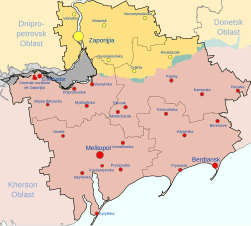 Jaune clair : Territoire sous contrôle ukrainien Vert-bleu pâle : Territoire occupé par la Russie puis récupéré par l'Ukraine Rose pâle : Territoire occupé par la Russie