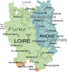 Le gouvernement général de Lyon au XVIIIe siècle, avec les provinces du Lyonnais, du Forez et du Beaujolais et les communes et départements actuels.