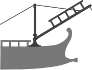 Un diagrama que muestra la ubicación y el uso de un corvus en una galera romana.