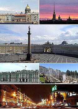 Clockwise frae top left: Saunt Isaac's Cathedral rises ower the ceety, Peter an Paul Fortress on Zayachy Island, Palace Square wi the Alexander Column, Petergof, Nevsky Prospekt, an the Winter Palace