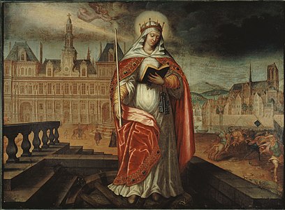 Sainte Geneviève qui tient de la main droite le cierge de la foi et de la main gauche le livre (v. 1620) (Paris, musée Carnavalet).