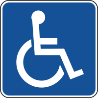 White line figure of a person seated over the axis of a wheelchair on blue background