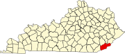 Map of Kentucky highlighting Harlan County