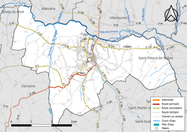 Carte en couleur présentant le réseau hydrographique de la commune