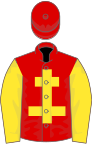 Maroon, yellow cross of lorraine and sleeves