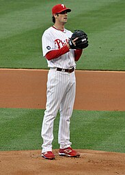 Cole Hamels peers in at the catcher (not pictured), looking for a sign