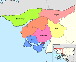 A map showing the sectors of Guinea-Bissau; São Domingos is on the left in green.