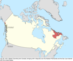 Map of the change to the international disputes involving Canada on July 20, 1871