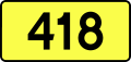 English: Sign of DW 418 with oficial font Drogowskaz and adequate dimensions.