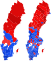 Map of the 2022 Swedish election shaded by coalition strength.