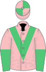 Pink, emerald green chevron, halved sleeves, emerald green and pink quartered cap