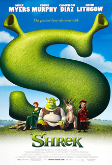 Princess Fiona and Shrek sit, while Donkey, and Lord Farquaad stand in front of a giant green "S" stylized with Shrek's ears on a grassy landscape.