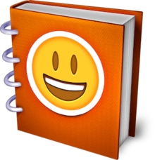 The wordmark Emojipedia and the logo of an orange book with a smiling emoji on the cover, both in orange tint