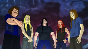 The members of Dethklok. From left to right: William Murderface, Skwisgaar Skwigelf, Nathan Explosion, Pickles, and Toki Wartooth.