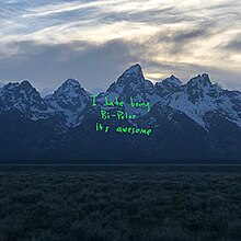 A view of the Teton mountain range with green text in the centre reading "I hate being / Bi-Polar / its awesome"